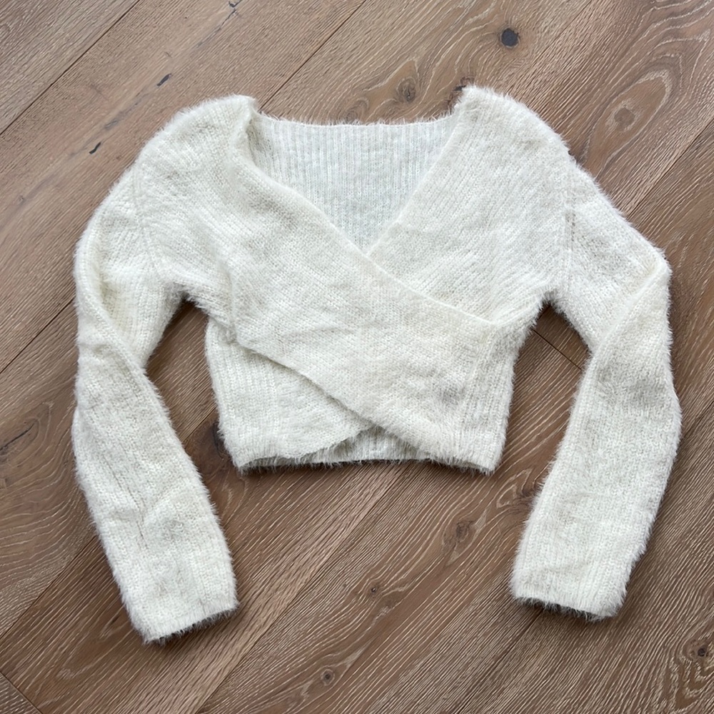 White fluffy wrap sweater